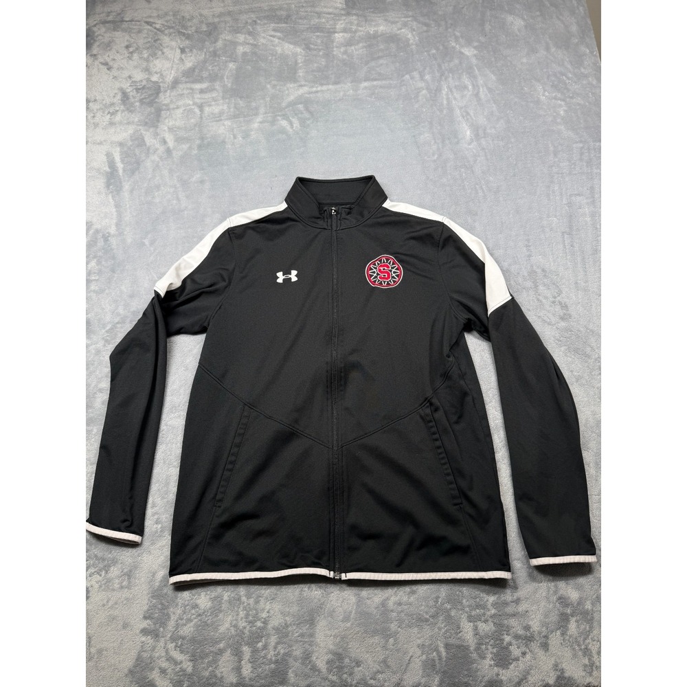Under Armour Track Jacket Mens Large Black Logo Performance Loose Fit Full Zip